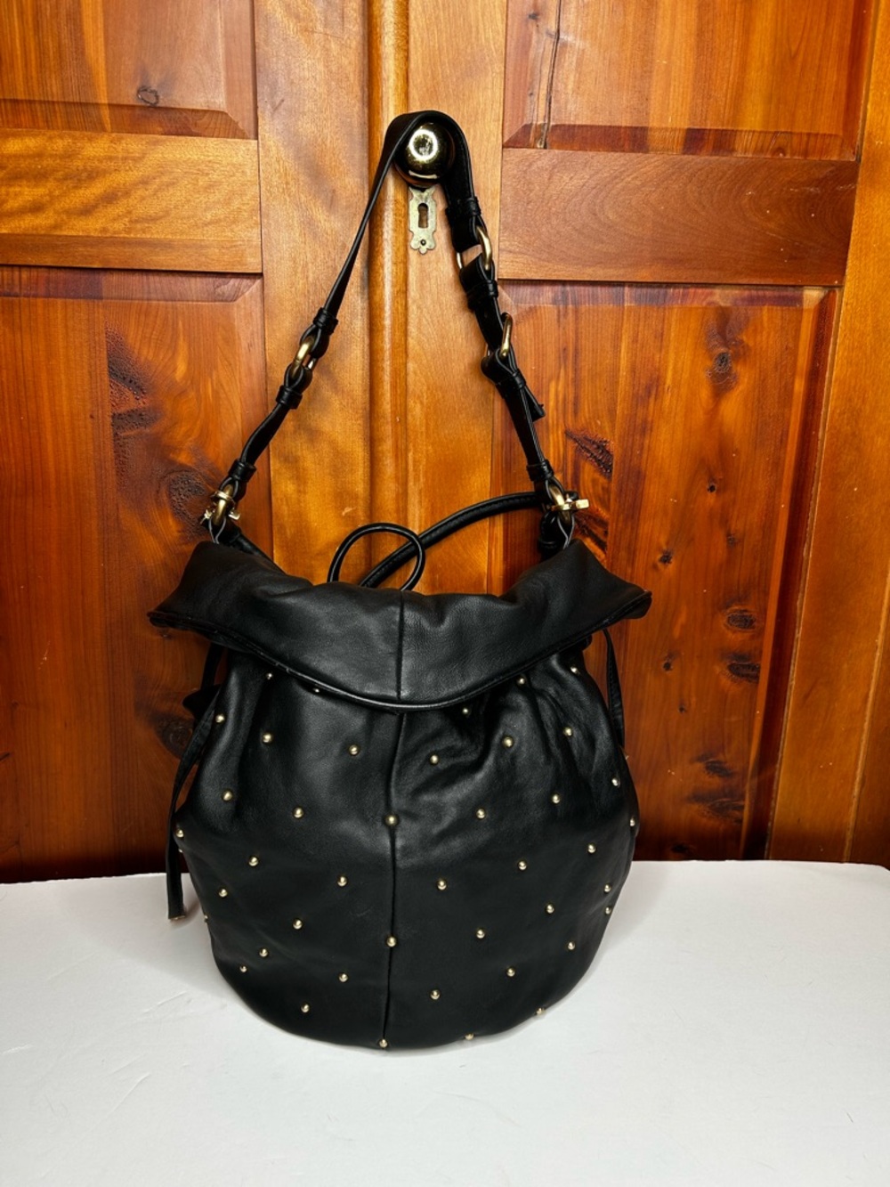 Cynthia Rowley Black Studded Hobo Shoulder Bag Slouchy Rock-Chic Glam Whimsical